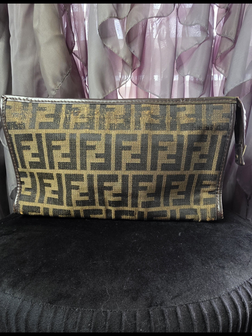 Fendi Zucca Logo Canvas Zip Pouch in Brown Authentic